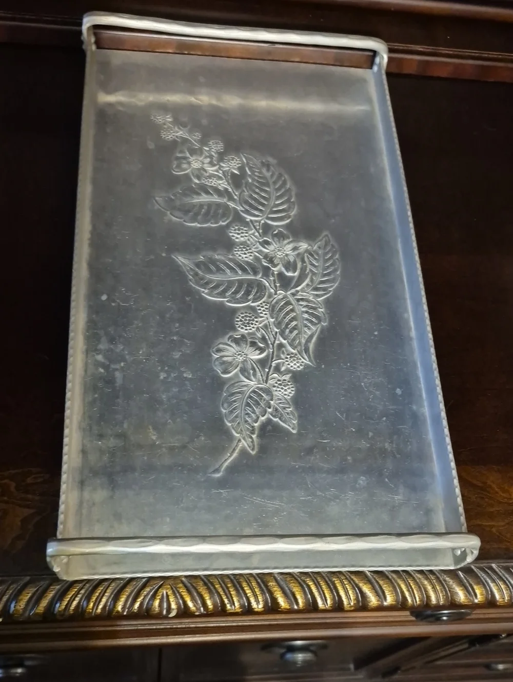Antique Hand Forged, Everlast Metal,Decorative Silver Floral Metal Tray - Silver